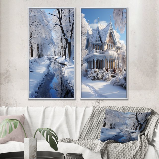 Designart "Serene Snowy Winter II" Winter Landscape Framed Wall Art Set Of 2 - White Landscapes Framed Canvas Set For Living Room Decor