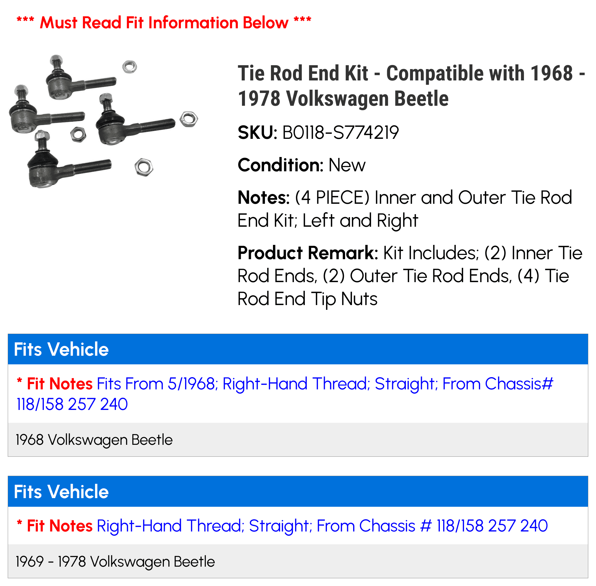 Tie Rod End Kit - Compatible with 1968 - 1978 Volkswagen Beetle 1969 1970 1971 1972 1973 1974 1975 1976 1977