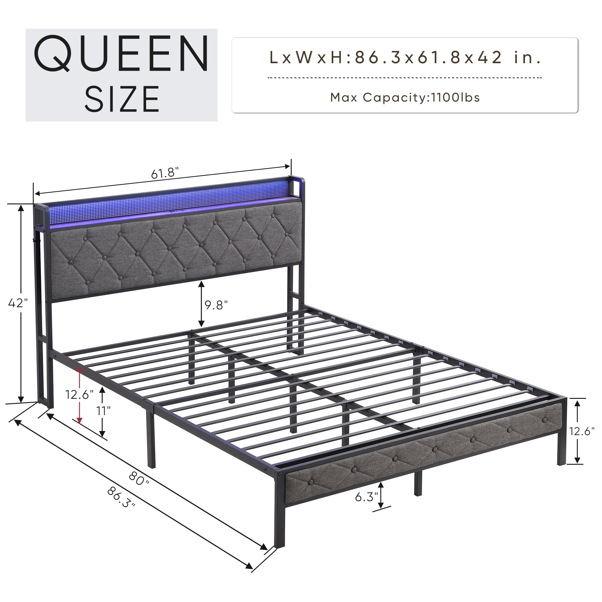 Miniyam Queen Size Upholstered Platform Bed Frame with 3 USB Ports & LED Lights for Adult, Light Gray