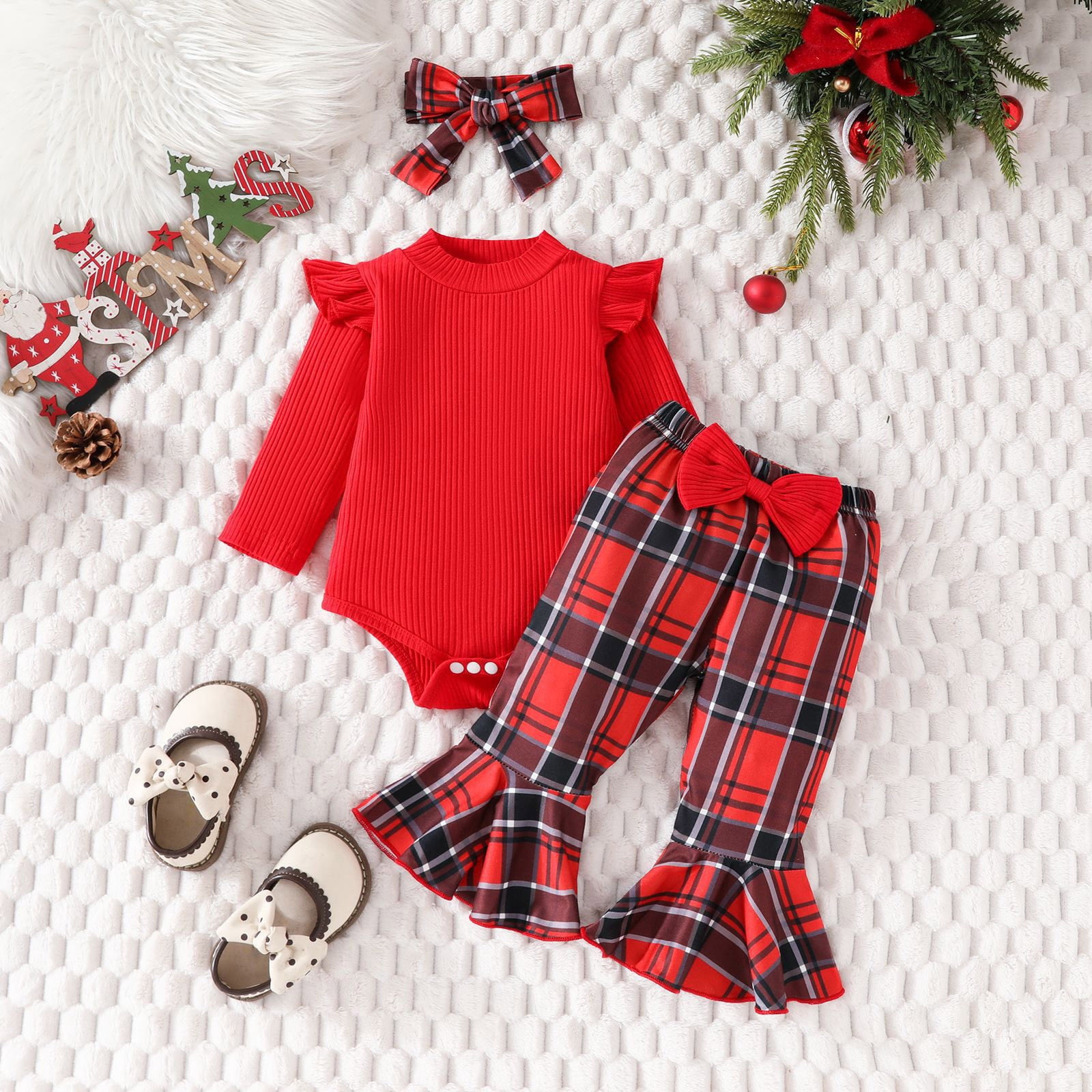 Girls Outfits Set Girls Long Sleeve Christmas Ribbed Romper Bodysuit Plaid Bell Bottoms Pants Outfits 9 Months-12 Months