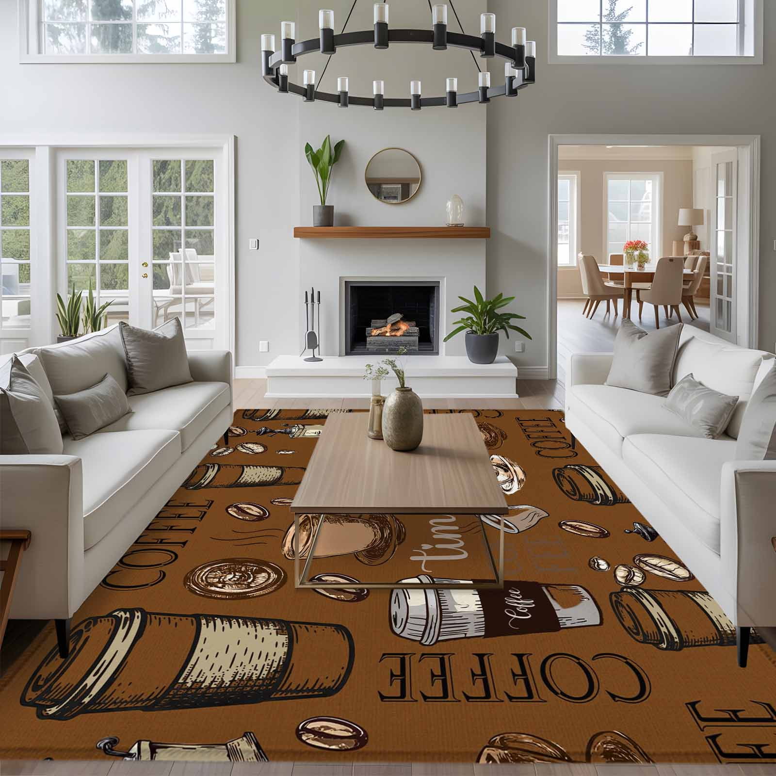 5'x8' Area Rugs, Coffee Theme Indoor Outdoor Area Rug for Living Room Bedroom, Funny Brown Vintage Beans Latte Tea Cup Washable Bathroom Rugs Kitchen Floor Carpet Mats Home Decor Aesthetic