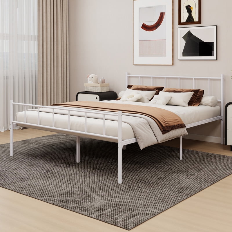 Caxkun Full Size Classic Metal Platform Bed Frame Steel Slat Support, White