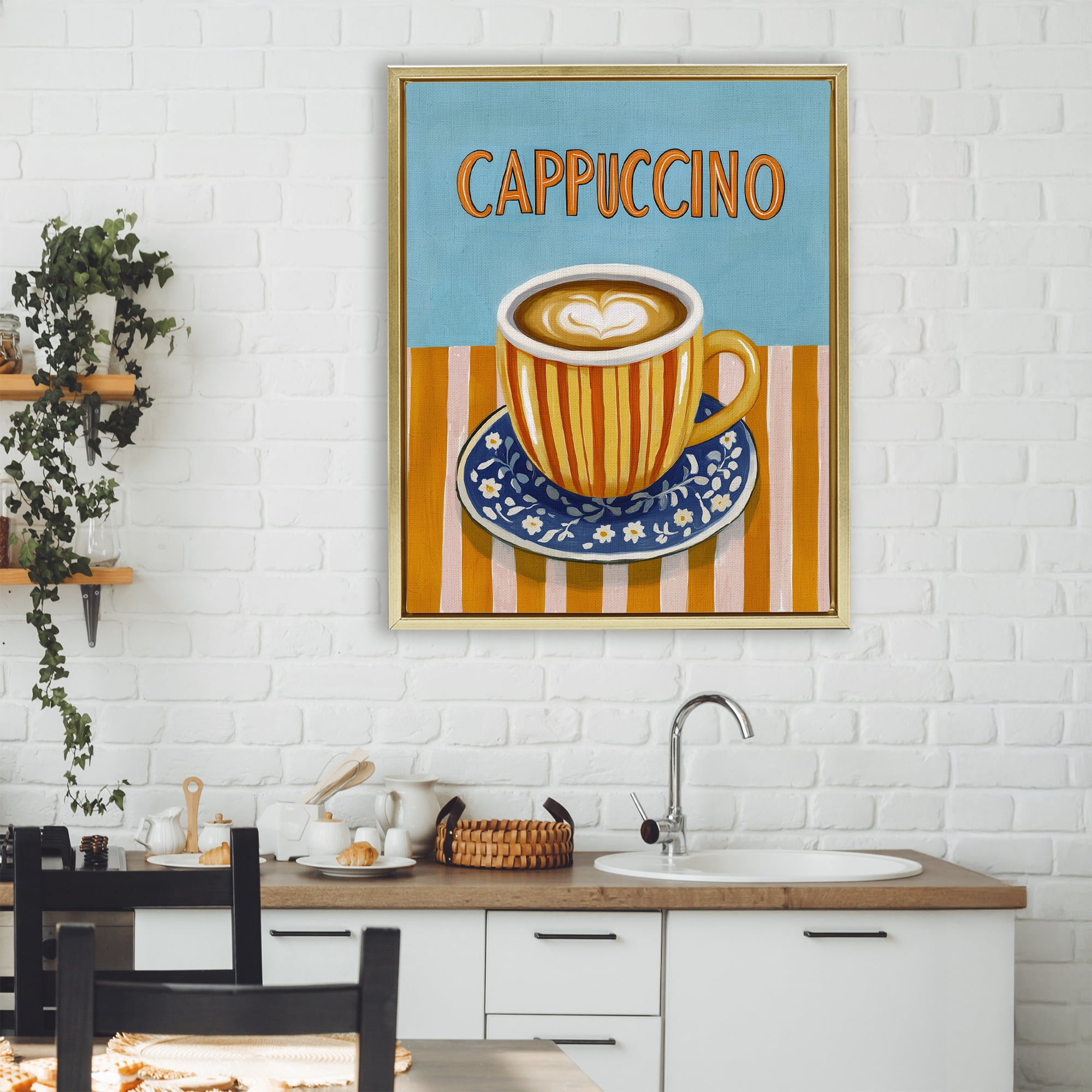 Stupell Industries Cappuccino Stripes Blue & Orange Gold Framed Floater Canvas Wall Art, design by Yen