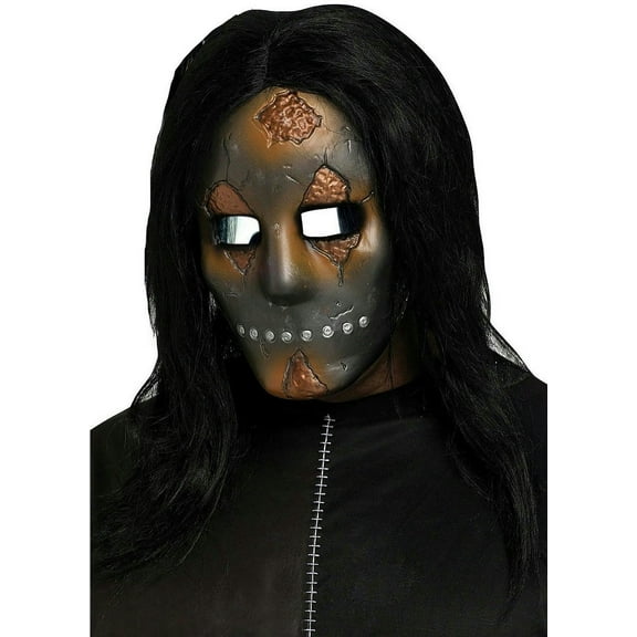 Metallic Freaky Rusted Cracked Industrial Look Face Mask with Black Long Hair