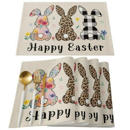 

Happy Easter Rabbit Placemats Set of 4 Heat Resistant Cotton Linen Carrrot Rabbit Bunny Table Mats Washable Spring Holidays Placemat Decoration for Kitchen Dining Table
