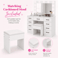 thumbnail image 6 of Zimtown Makeup Vanity Desk with Large Mirror & Charging Station, Vanity Table with 9 Drawers & Visible Glass Top, Bedroom Dressing Table, White, 6 of 9