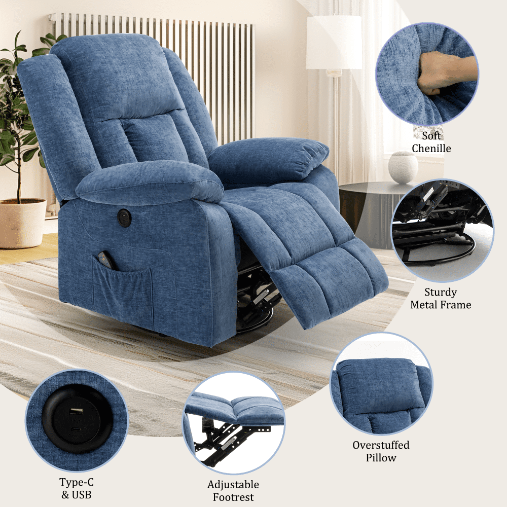 Korser Massage Swivel Rocker Recliner Chair with USB Ports Chenille for Living Room,Blue