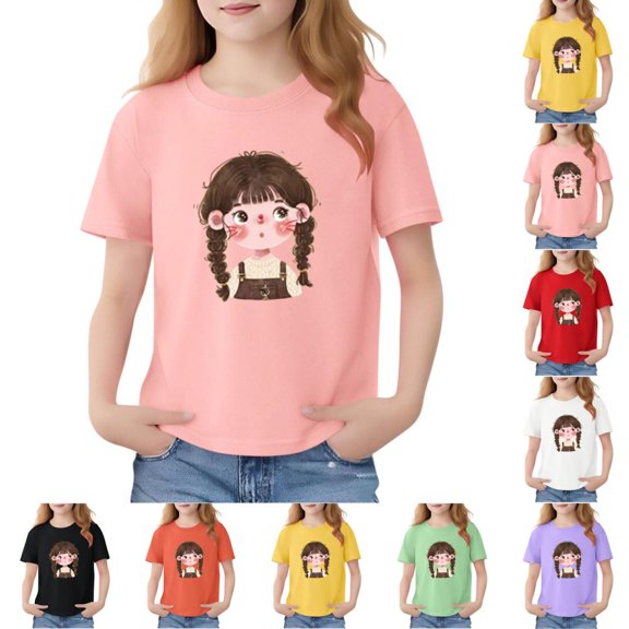 BXSRUTA Girls Short Sleeve Cotton T-Shirt Bunny Rabbit Print Round Neck Casual Tee for Summer Daily Wear