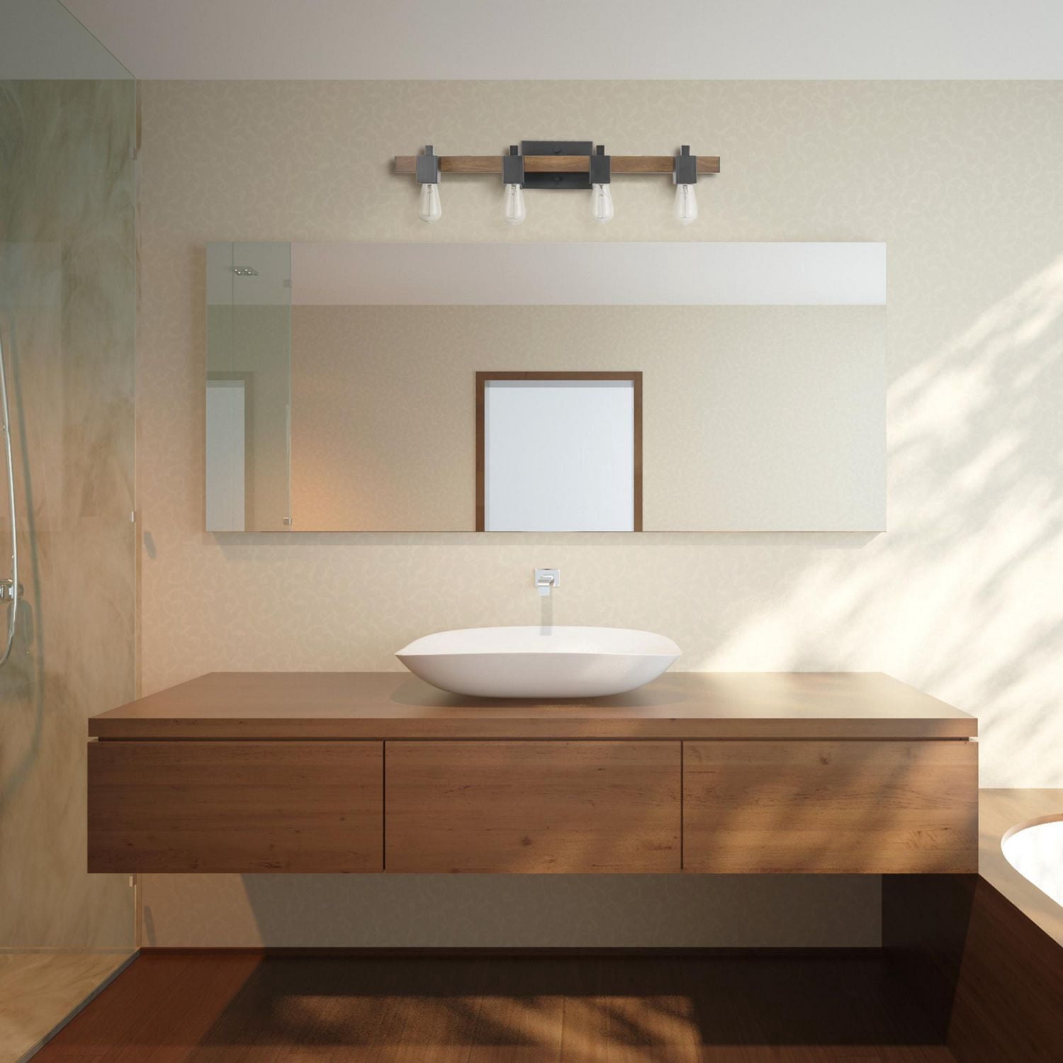 Globe Electric Phoenix 4-Light Metal Vanity Light, Matte Black, Dark Faux Wood, 51717