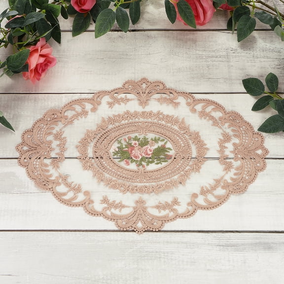 3 Pcs Lace Placemats, 16.5x6.5Inches Vintage Table Doilies Oval Embroidered Crochet Lace Dolly Cup Mat for Table Vase Home Decor, Bean paste