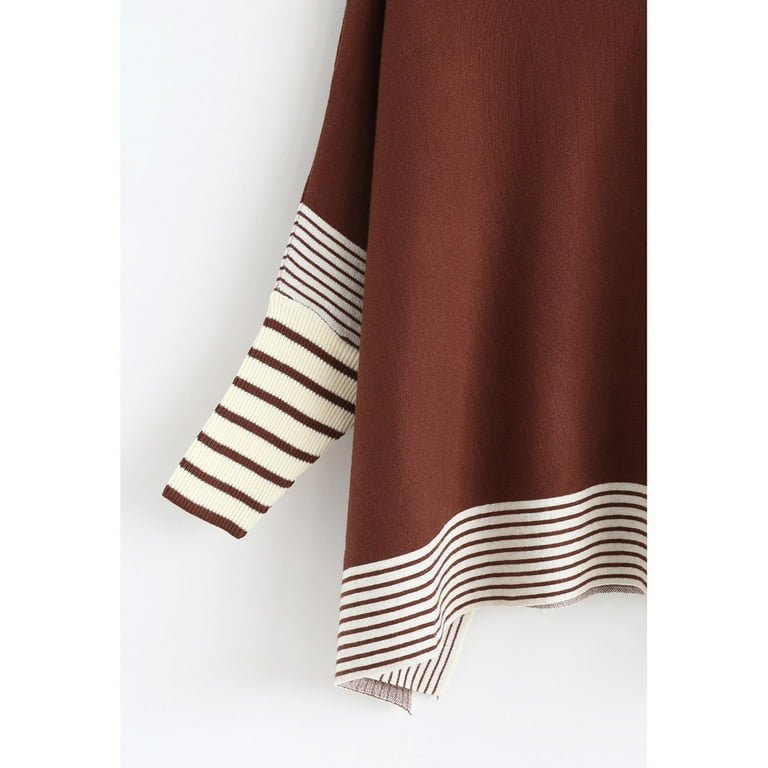 CHICWISH Women s Caramel Striped Oversize Soft Knit Cape Sweater Pullover