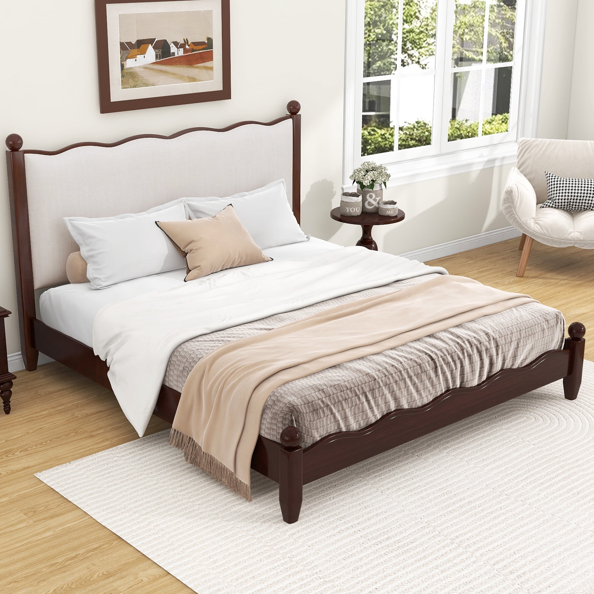 Euroco Wood Queen Size Wood Platform Bed with Upholstery Headboard, Espresso