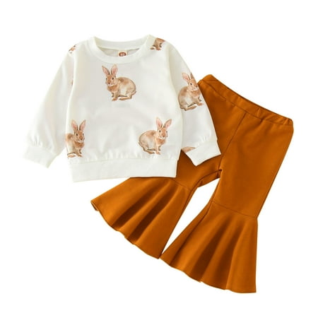 

Toddler Girls Winter Easter Long Sleeve Bunny Print Tops Brown Flare Trouser Suit 2pcs Outfits For 6-12 Months