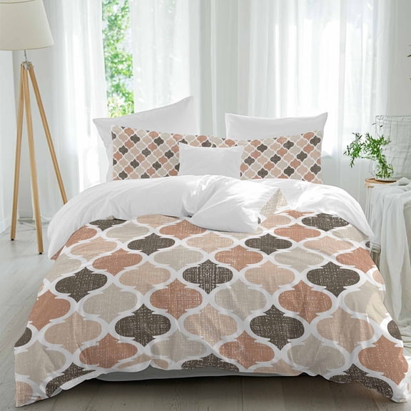 3 Piece Ombre Brown Geometric Plaid Retro Abstract Morocco Gingham Duvet Cover Set Queen Size,Microfiber Comforter/Quilt Cover with Corner Ties and 2 Pillowcases,Soft Bedding with Zipper Closure