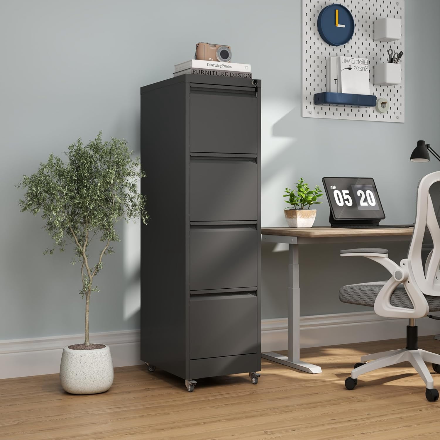 IKIMI 4-Drawer Vertical File Cabinets with Lock, Portable Rolling Metal Filing Cabinet for Legal/Letter/A4 Files, Black