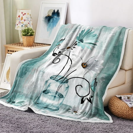 Rustic Farmhouse Throw Blanket, Country Farm Teal Daisy Flowers Floral Butterfly Abstract Fleece Blanket, Farmhous Soft Flannel Throw Blanket for Chair Bed Sofa Couch, 50X60IN Turquoise Blue