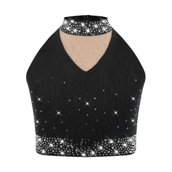 Kaerm Filles Enfants Haut Court de Danse Scintillant en Strass à Col Licou à Franges Moderne Jazz Latin Ballet Gilet Tenue de Danse Noir 10