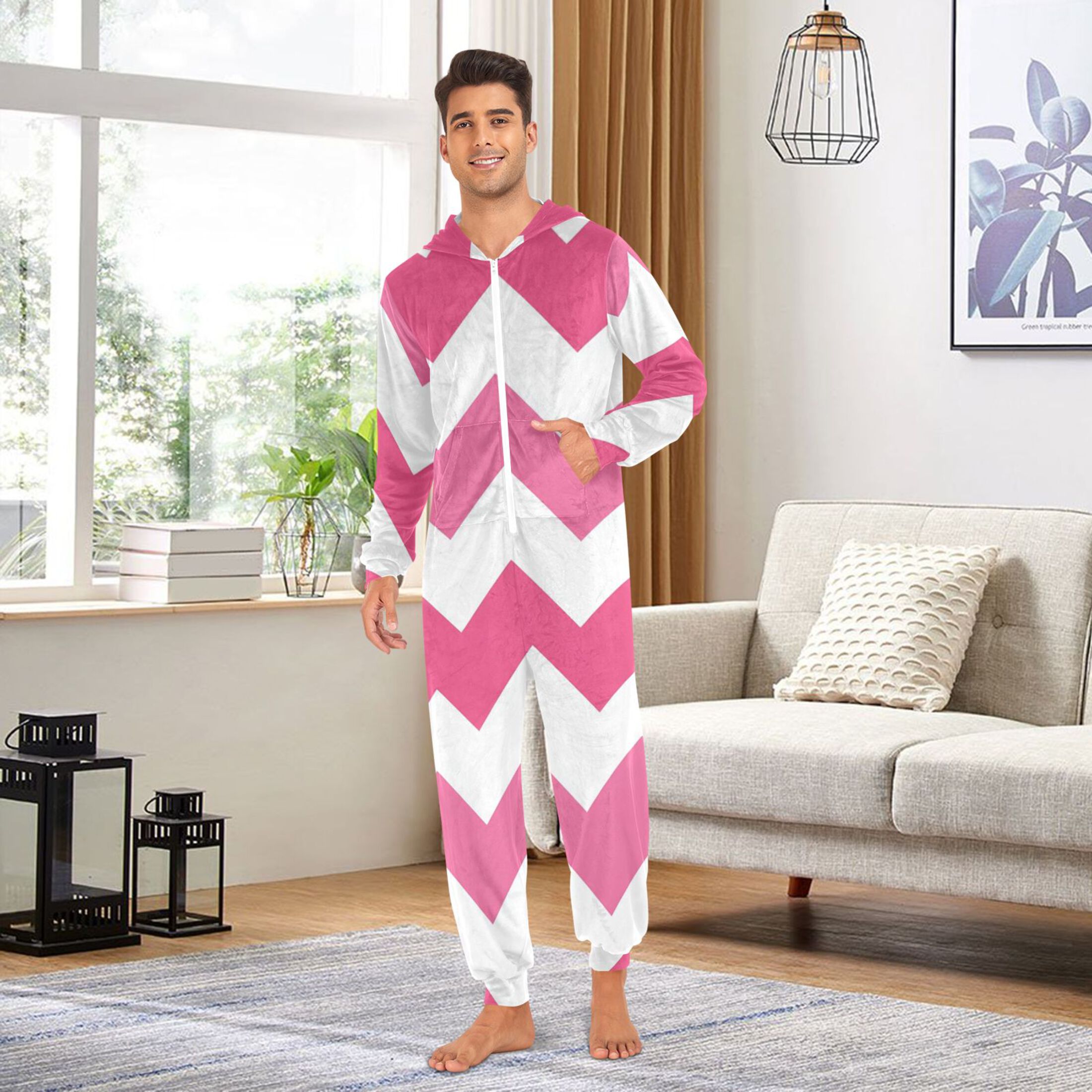 Pinkish V-shaped Lines Adult's Hoodie Onesie Jumpsuit One-Piece Pajamas with Zipper Unisex for Holiday M