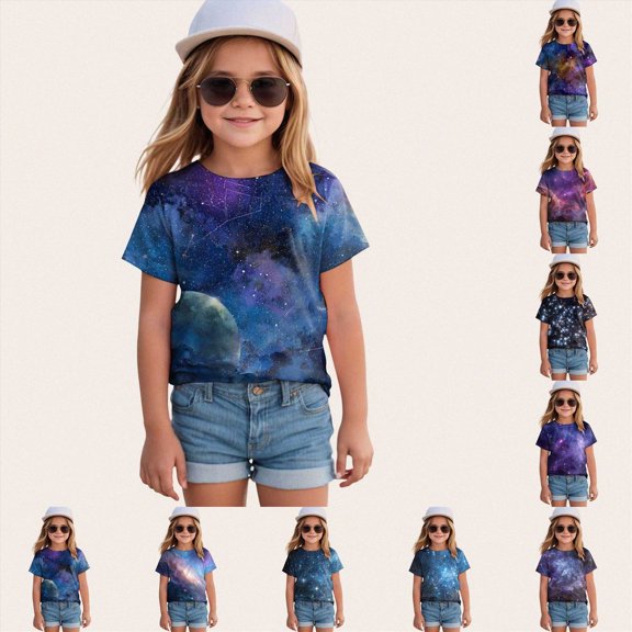 XZNPDUCQ 2-3 Years Kids Teen Boys Girls Summer T-Shirt Girls' Short Sleeved T Shirt With Shiny Pattern Print Novel Clothing Top,A152-Blue