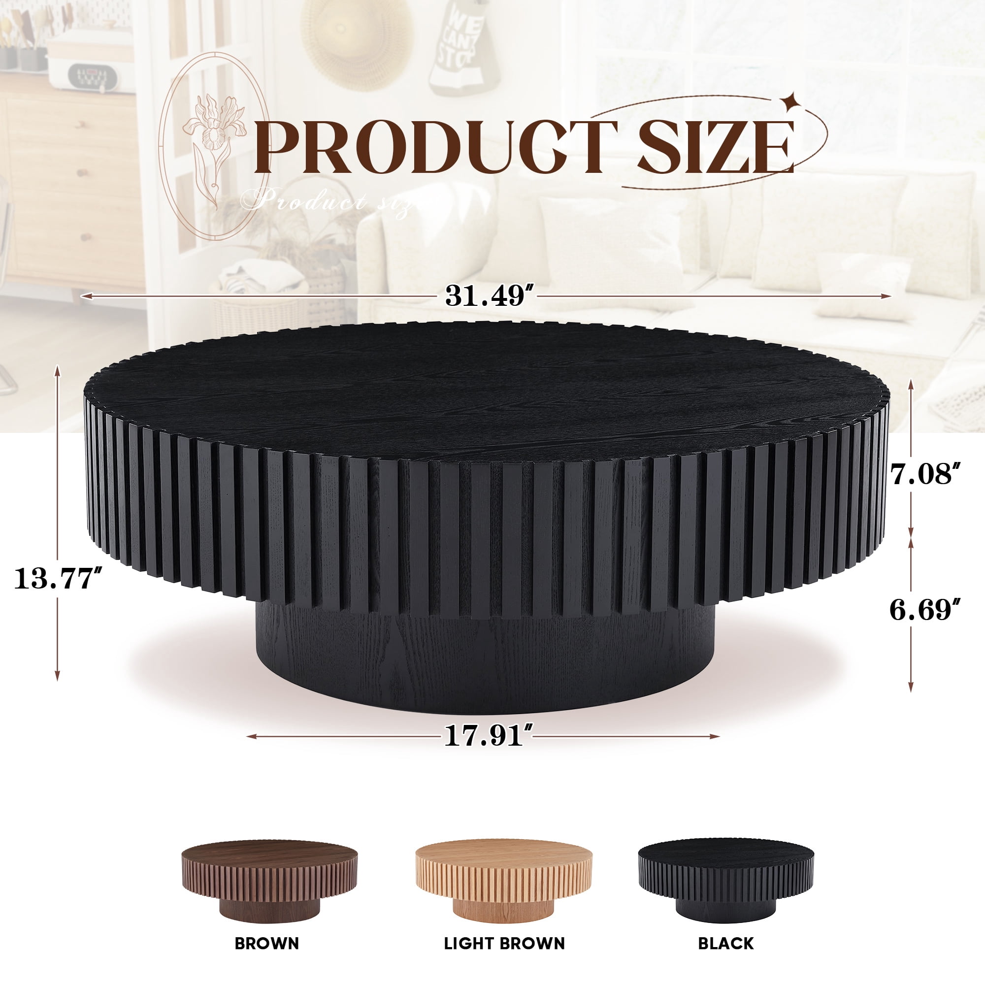 Muumblus 31.5" Round Wood Coffee Table, Modern Unique Fluted Accent Center Table for Living Room, Black