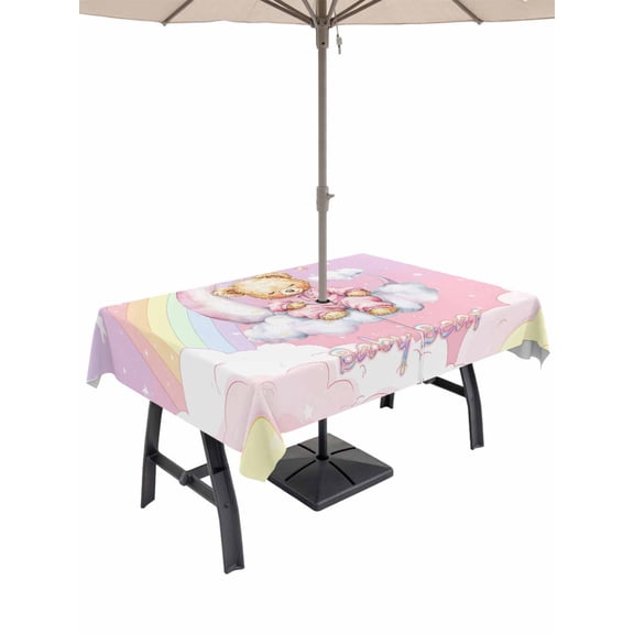 Outdoor Tablecloths with Umbrella Hole & Zipper, Bears Rectangle Tablecloth 52x70 Inch, Cute Rainbow Clouds Moon Pink Purple Waterproof Table Cloth, Patio/Pool/Picnic Table Covers