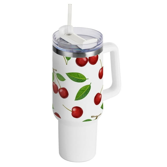 Cherry with Leaves 40 oz Tumbler with Handle and Straw Insulated Travel Mug Reusable Stainless Steel Water Bottle