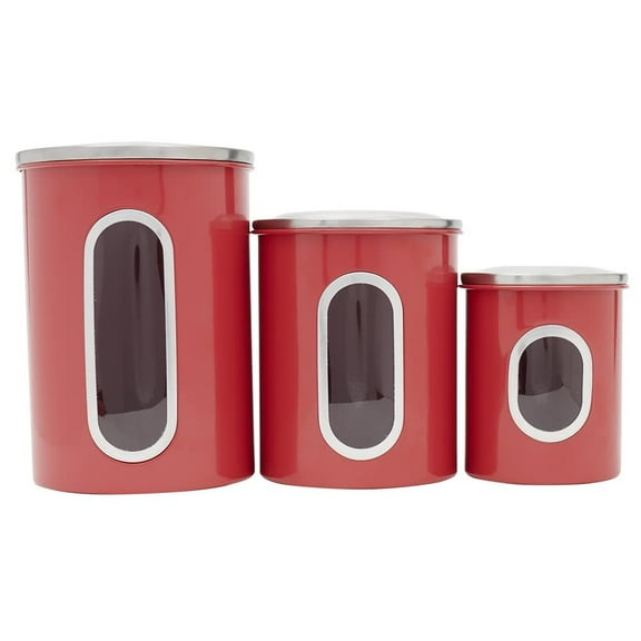 Home Basics 3 Piece Stainless Steel Top Canisters with Windows, Red