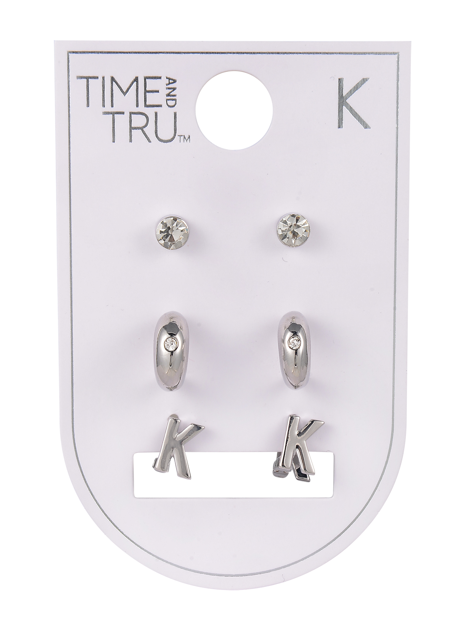Time and Tru Silvertone 3-On Crystal Stud, Hoop, Initial "K" Earring Set