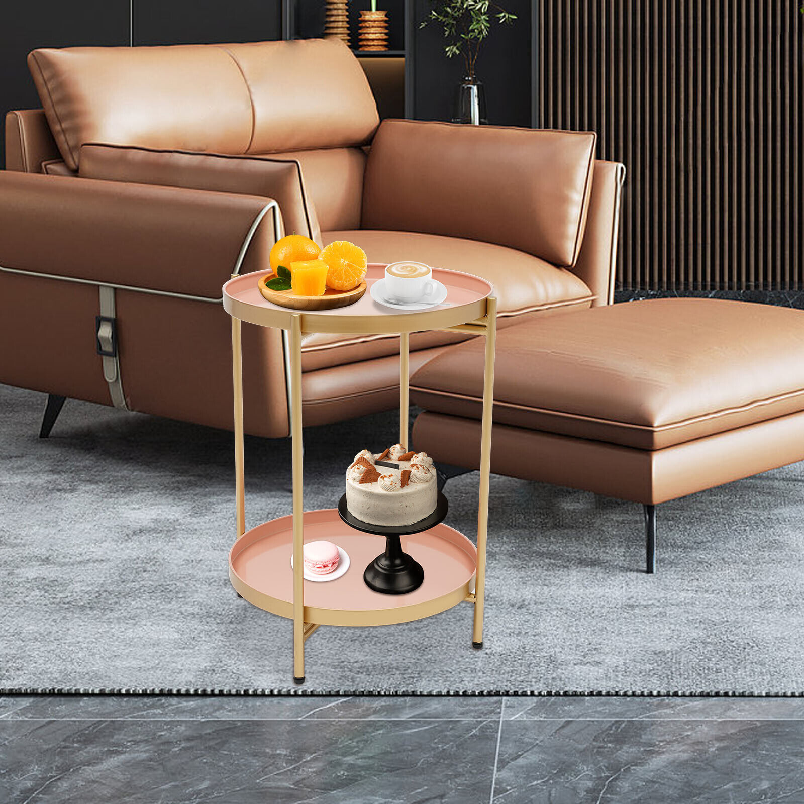 MONIPA Modern 2-Tier Round End Table, Small Metal Accent, Golden Pink ...