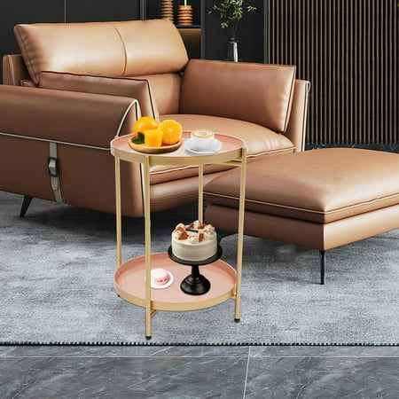 MONIPA 2-Tier Round End Table 2*Tabletops/Removable Tray Golden Pink For Bedroom
