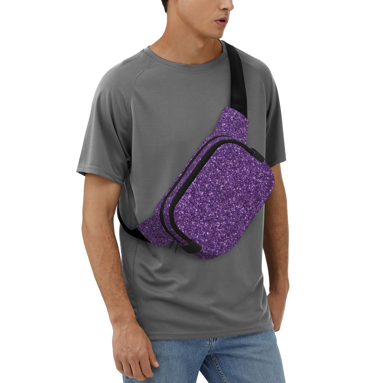 Kuqiui Purple Glitter Print Fanny Packs for Women Cross Body Waist Bag Fashionable Fanny Pack Designer Workout Hiking Waist Pack Running Travel Gym