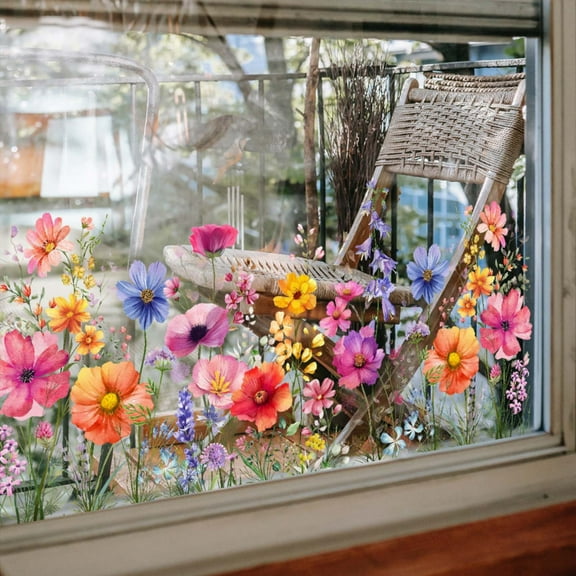 Flower Garden Window Stickers, Wildflower Grass Wall Decals,  Double Sided  Peony  Colorful Floral Window Stickers for Bedroom Living Room TV Office Decor Home Decoration