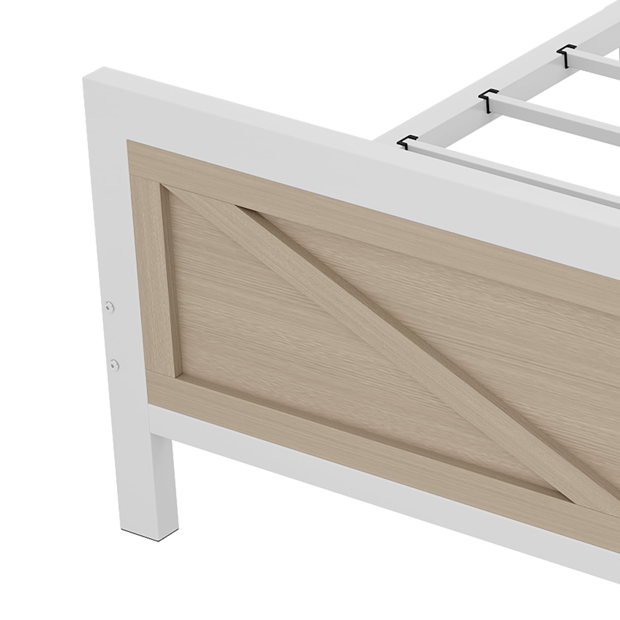 Uforic Oak Queen Size Bed Frame with Steel Mesh barn Door, Charging & Storage, Platform Bed in Modern Rustic Design