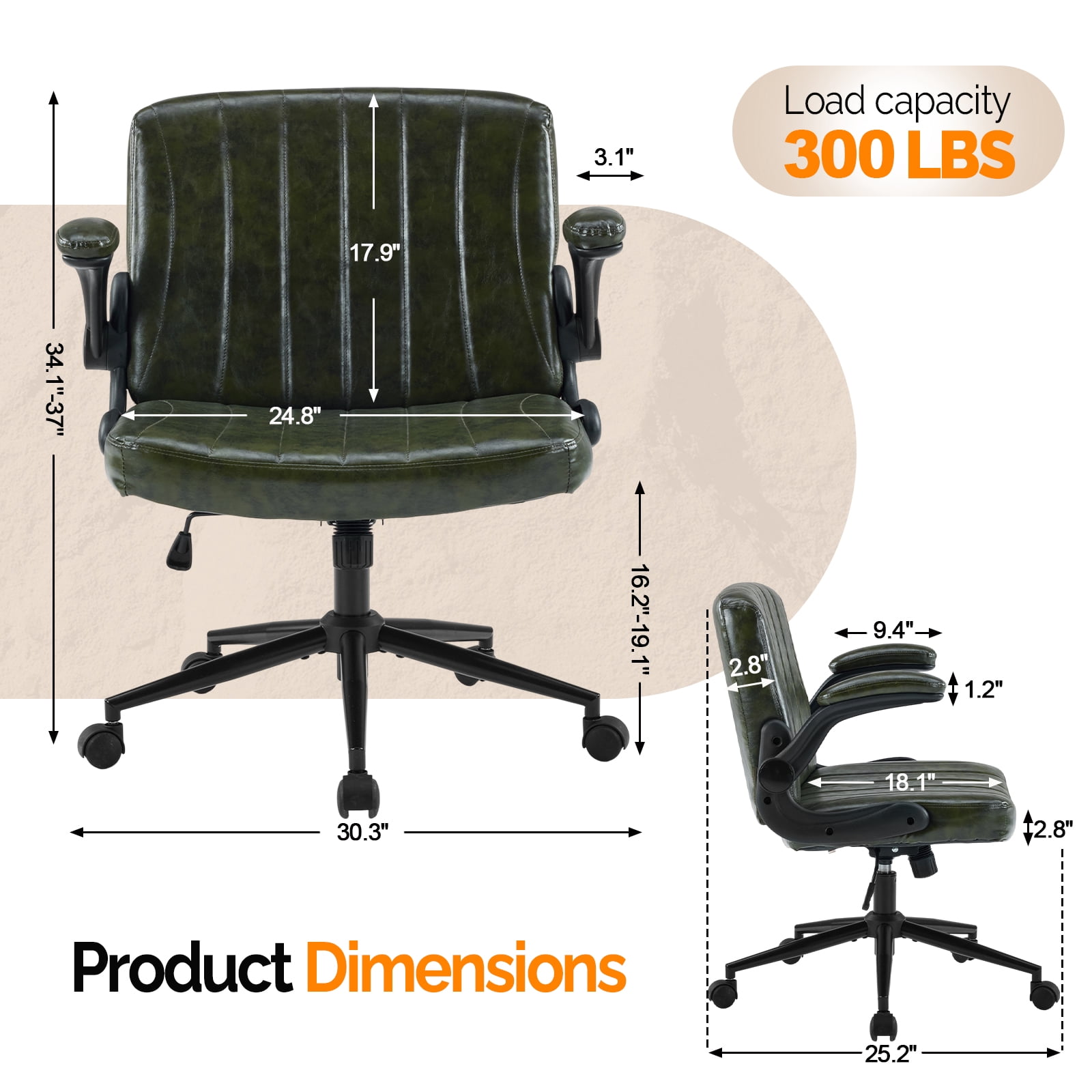 Ktaxon PU Office Desk Chair , Flip-Top Armrest Task Chair on Metal Star Base, Adjustable Height & Quiet Casters for Study Dark Green