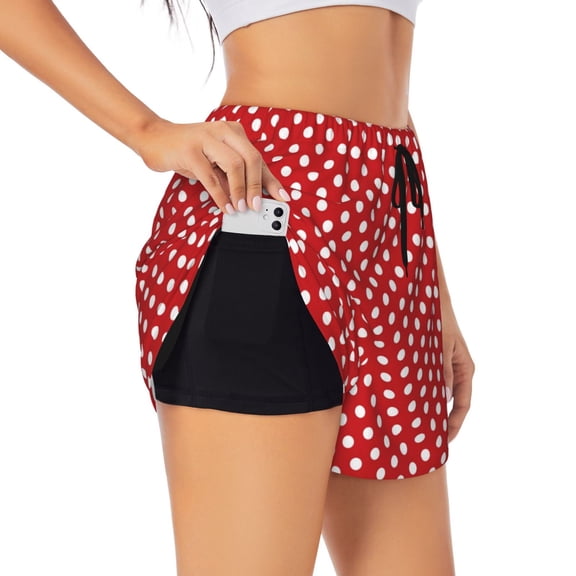 Xecao's Red Polka Dot for a double-layer running short for women, perfect for gym, tennis, and more, featuring a convenient pocket.