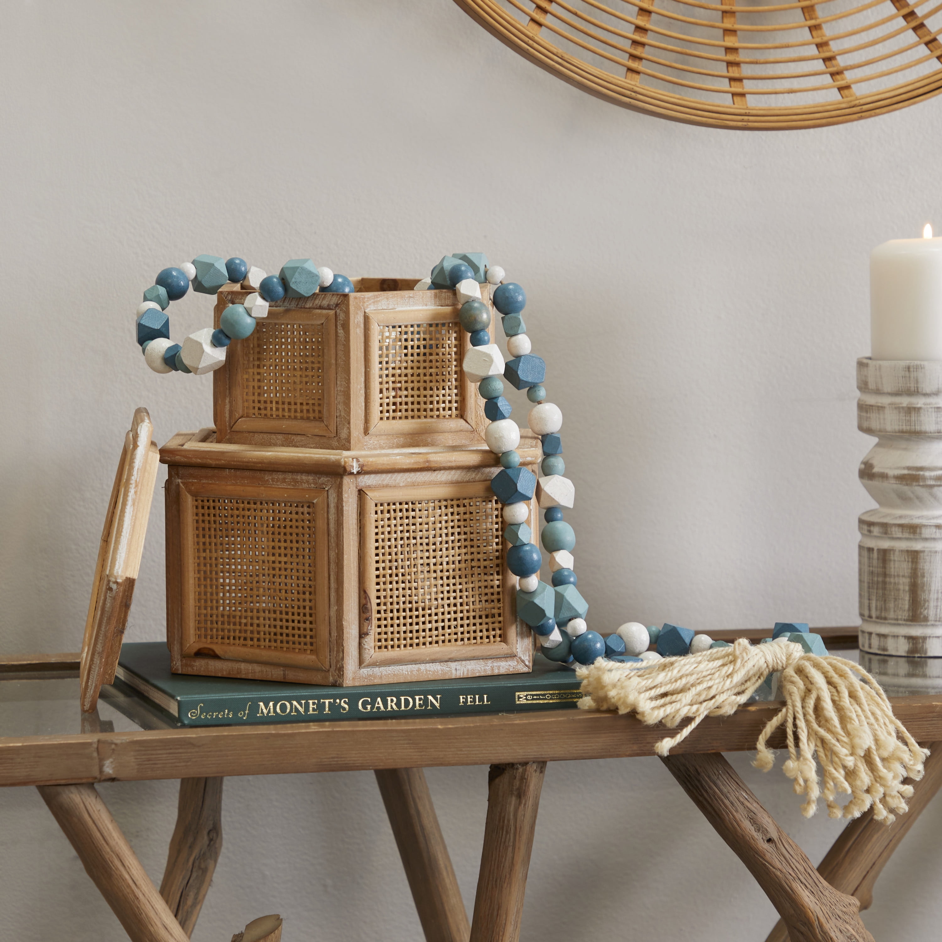 DecMode Blue Wood Bohemian Garland Décor with Geometric Bead Details and Cream Cotton Tassel, 81"L