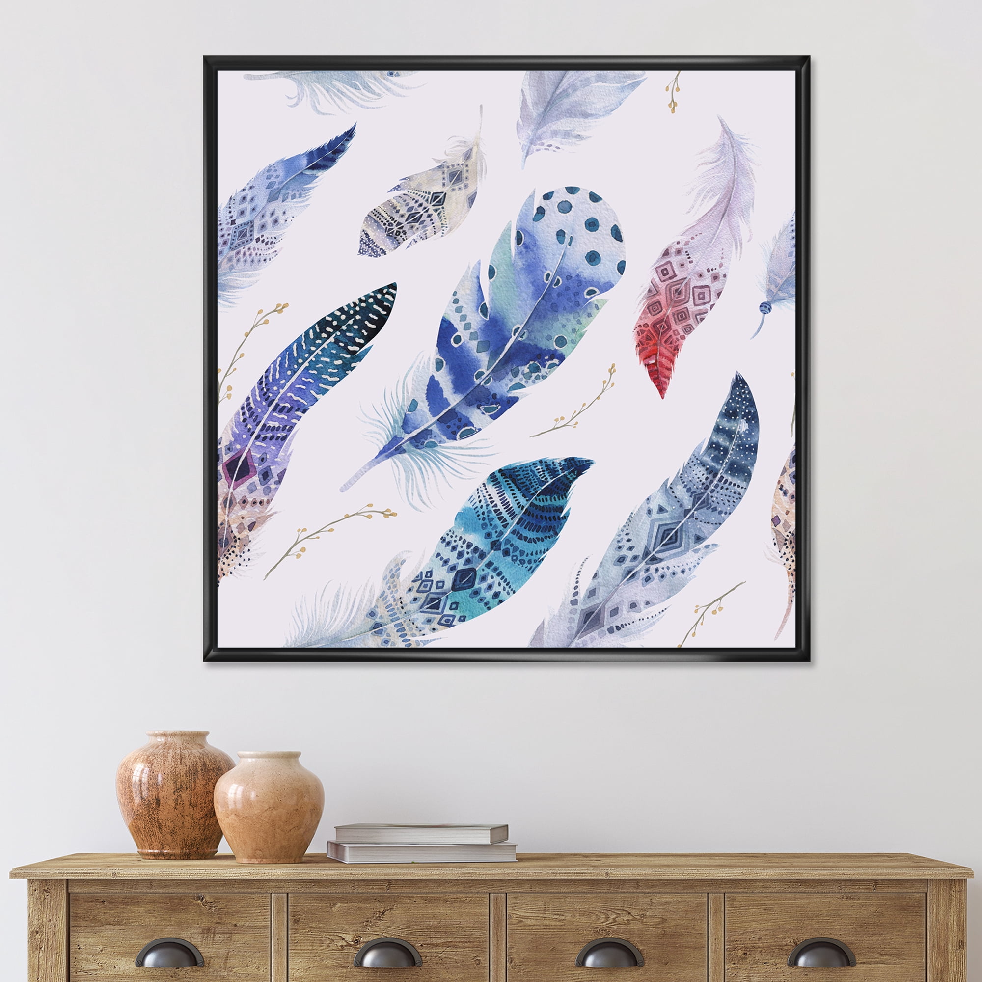 Designart 'Elegant Blue Boho Art Feathers' Bohemian & Eclectic Framed Canvas Wall Art Print