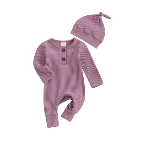 

Co.MMehjri Baby Girls Boys Autumn Spring Romper Newborn Long Sleeve Crew Neck Solid Color Ribbed Button Jumpsuit with Hat