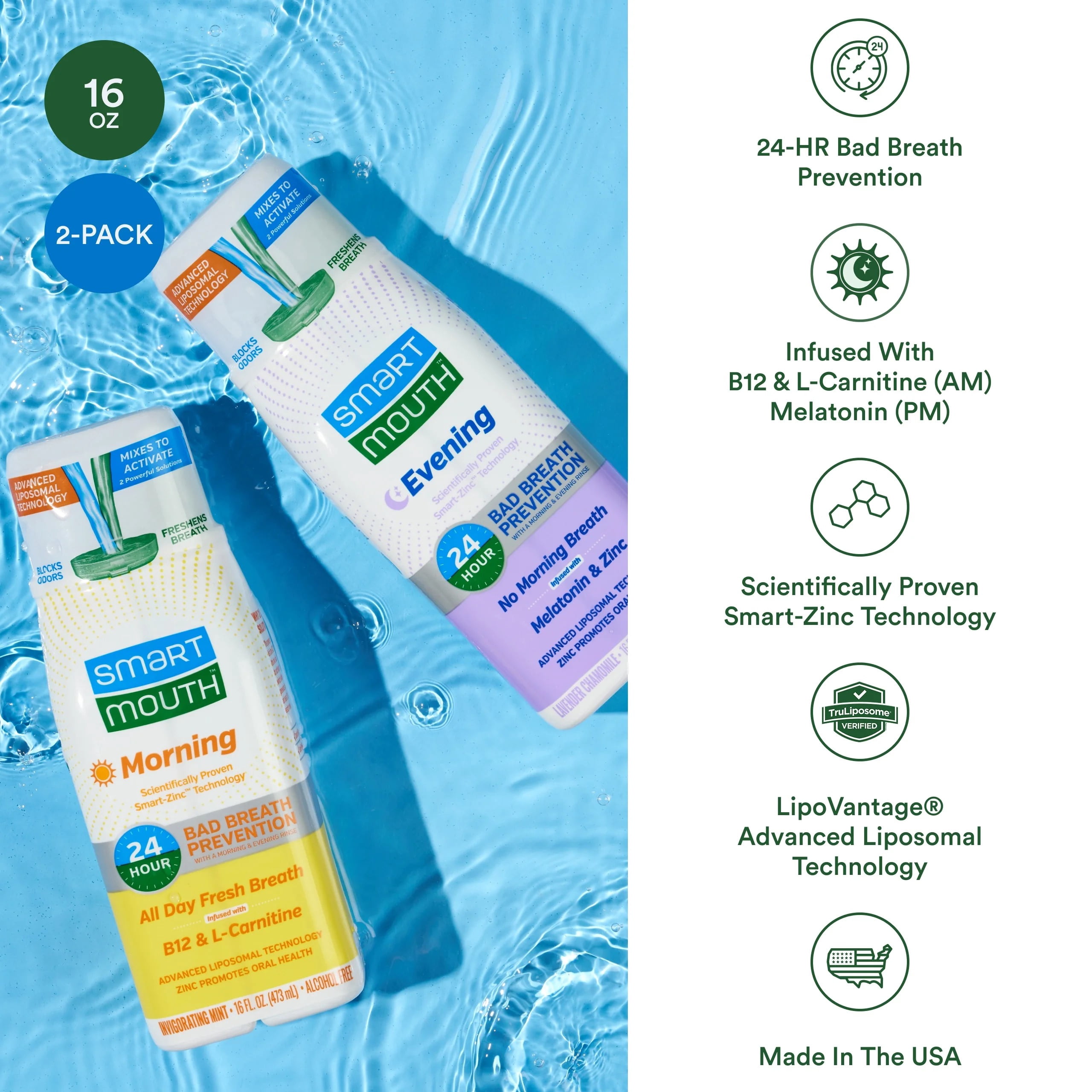 SmartMouth Advanced Liposomal Morning & Evening Mouthwash Bundle - No Morning Breath & All-Day Fresh Breath - Dual-Solution Zinc-Activated Mouthwash Duo - Alcohol Free - 16 fl oz Each