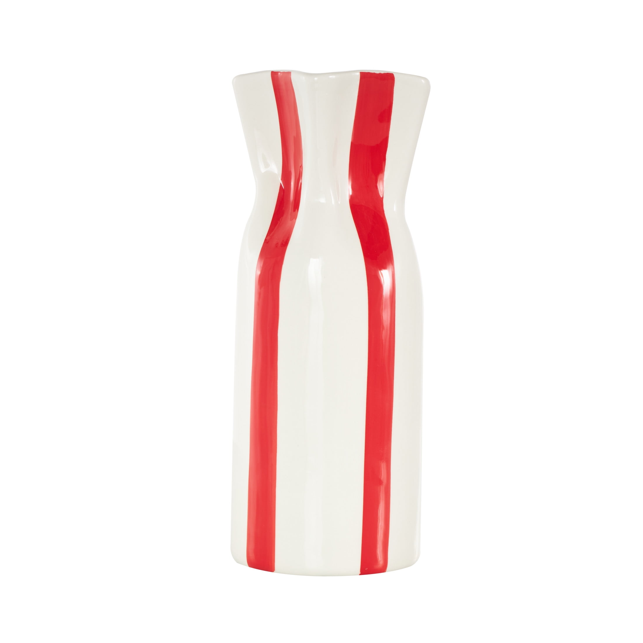 DecMode 12" Round Red Ceramic Vase with White Vertical Stripes