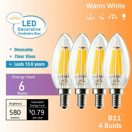 

Leadleds 6W LED Edison Light Bulb 2700K Dimmable E12 Base Candelabra Bulb 60w Equivalent 4Pack