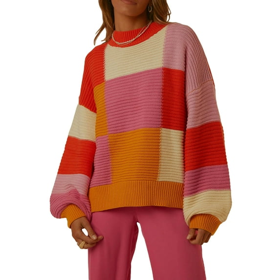 Liacowi Women Juniors Knitted Sweater Long Sleeve Patchwork Pullover Retro Jumpers Tops Fall Loose Knitwear for Teen