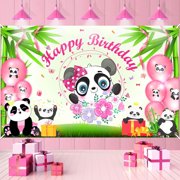 Panda Birthday Banner, Pink & Green, Polyester, for Girls, Women, Baby Shower Decoration, Photo Booth Backdrop