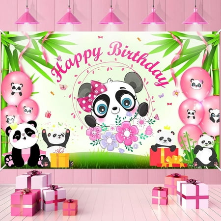 Panda Birthday Banner, Pink & Green, Polyester, for Girls, Women, Baby Shower Decoration, Photo Booth Backdrop
