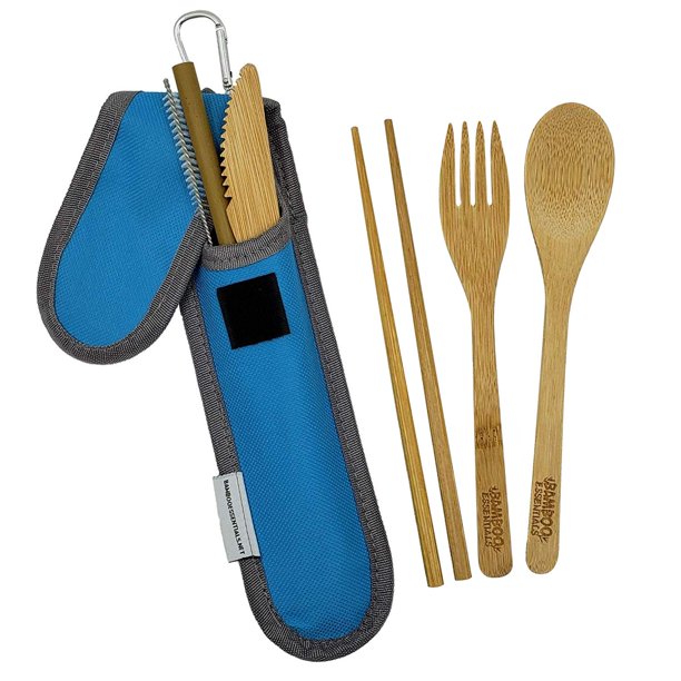 Bamboo Travel Utensil Set Sky Blue Bamboo Fork, Knife, Spoon