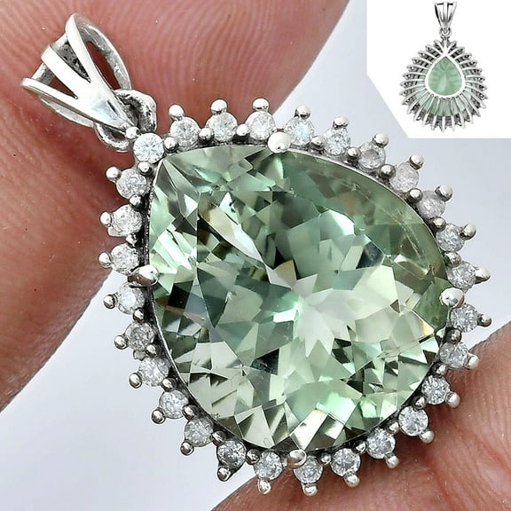 Prasiolite (Green Amethyst) & White Zircon 925 Silver Pendant Jewelry P-1741 AGP1003_A