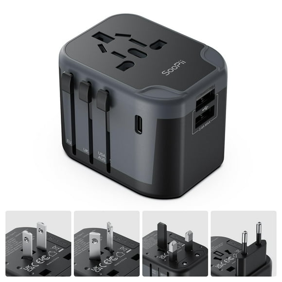 Adaptador de viaje universal SooPii 7 en 1 con puertos USB C/A negro
