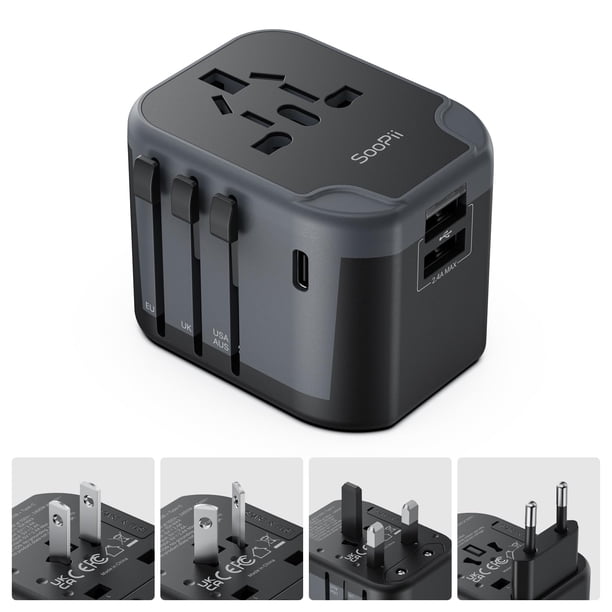 Adaptador de viaje universal SooPii 7 en 1 con puertos USB C/A negro