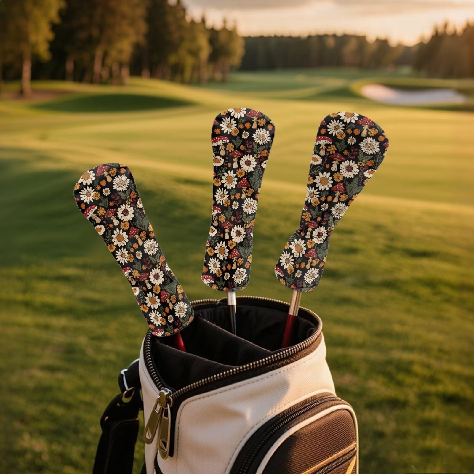 Uorisanigo Golf Club Head Covers for Driver, Fairway Hybrid Woods - Waterproof PU 3 Pieces Aesthetic Mushroom Head Covers for Golf Clubs - with Double Elastic Band Fits Most Size Golfclubs