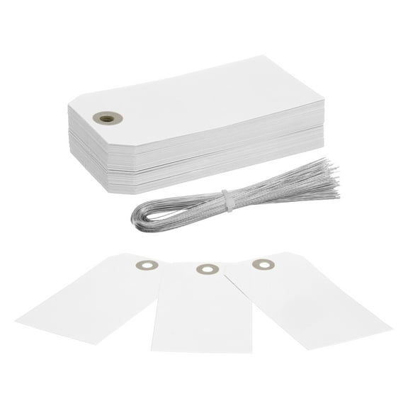 Uxcell 100Pcs Hang Tags, Tags with Wire String Paper Blank Labeling Tags Writable Making Tags for Luggage Clothes Wine Bottle(4.76" x 2.36", White)